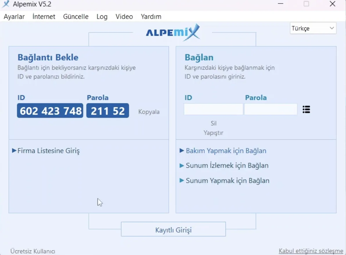 Alpemix uzaktan bağlantı ekranı — ID ve parola ile güvenli oturum başlatma